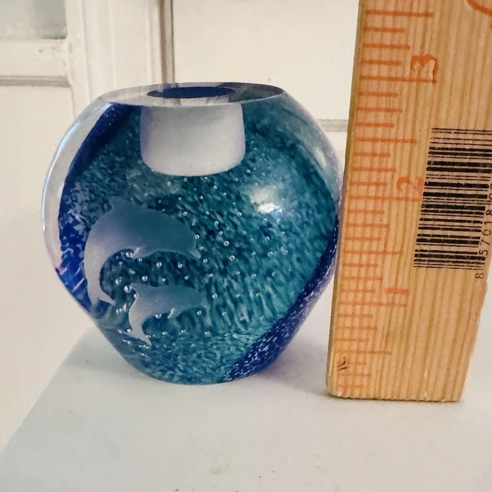 2 Lenox‎ Undersea Paradise Votive Crystal Blue Swirl Dolphin, Made in Scotland